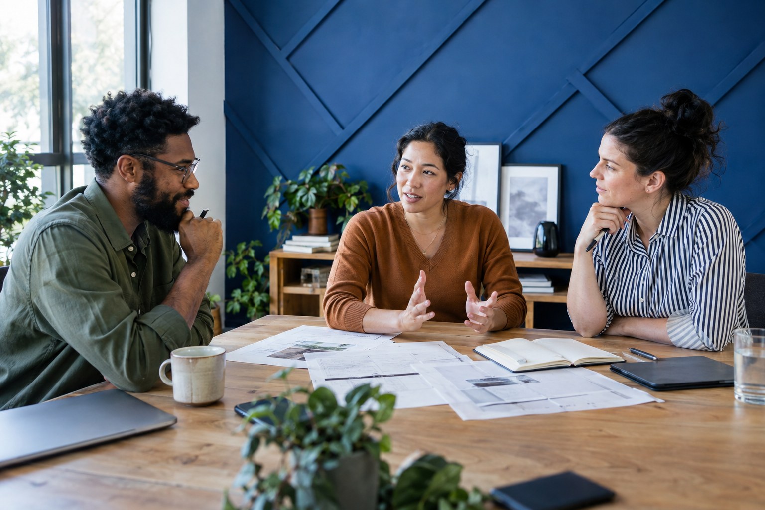 Small business owners working through ideas together at a meeting table
