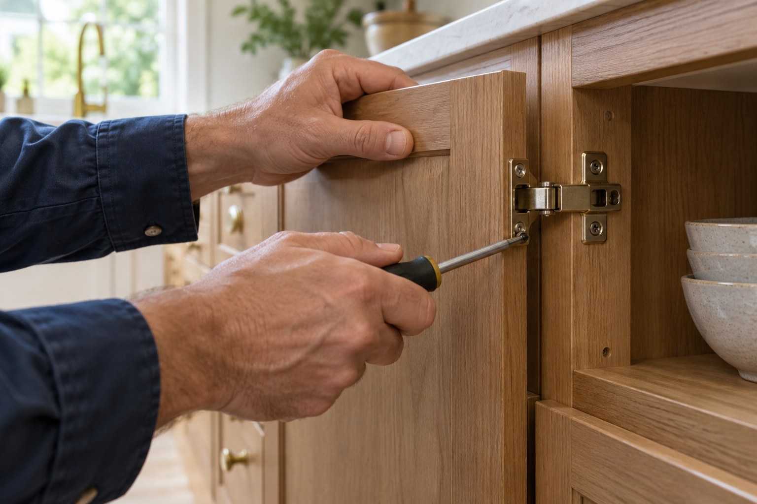 Hands carefully adjusting a brass cabinet hinge