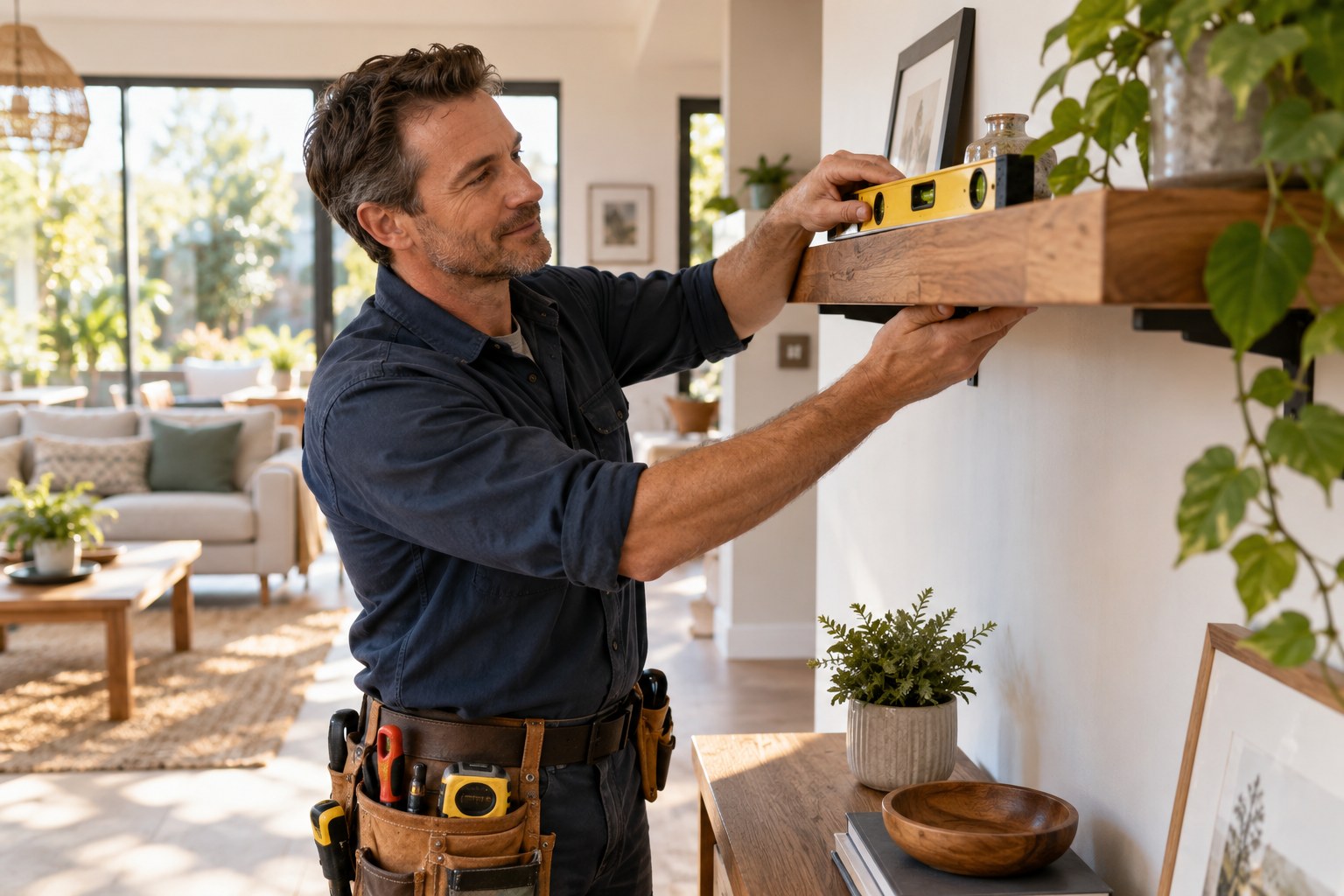 Handyman carefully leveling a wood shelf in a bright home