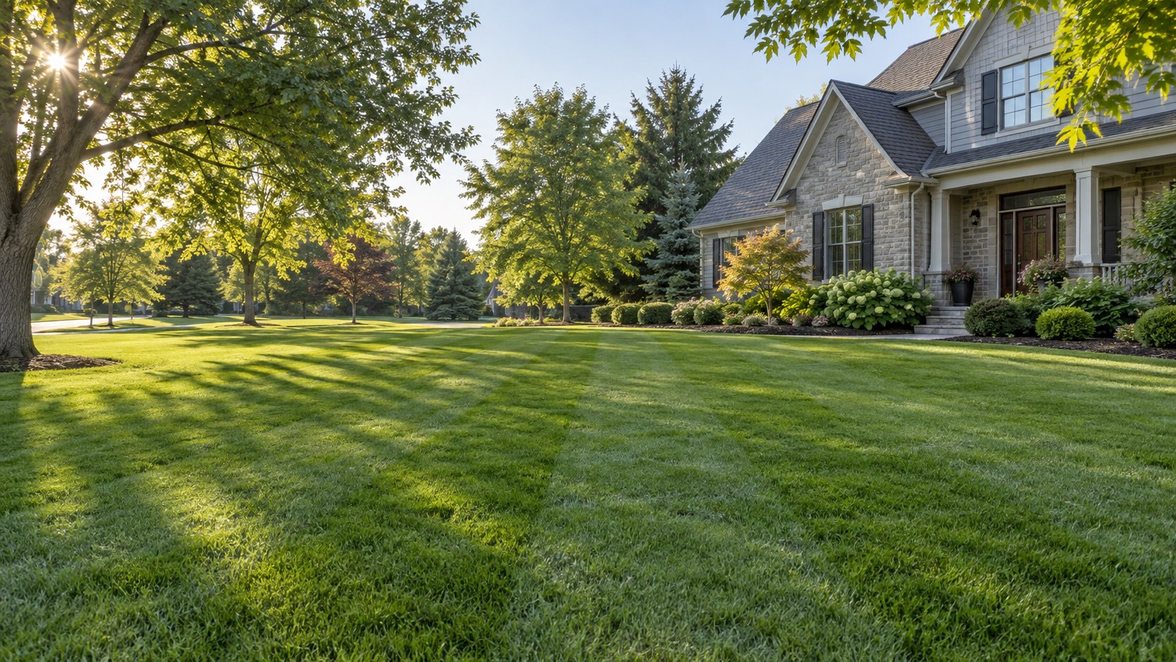 A freshly mowed striped lawn in front of a welcoming suburban home