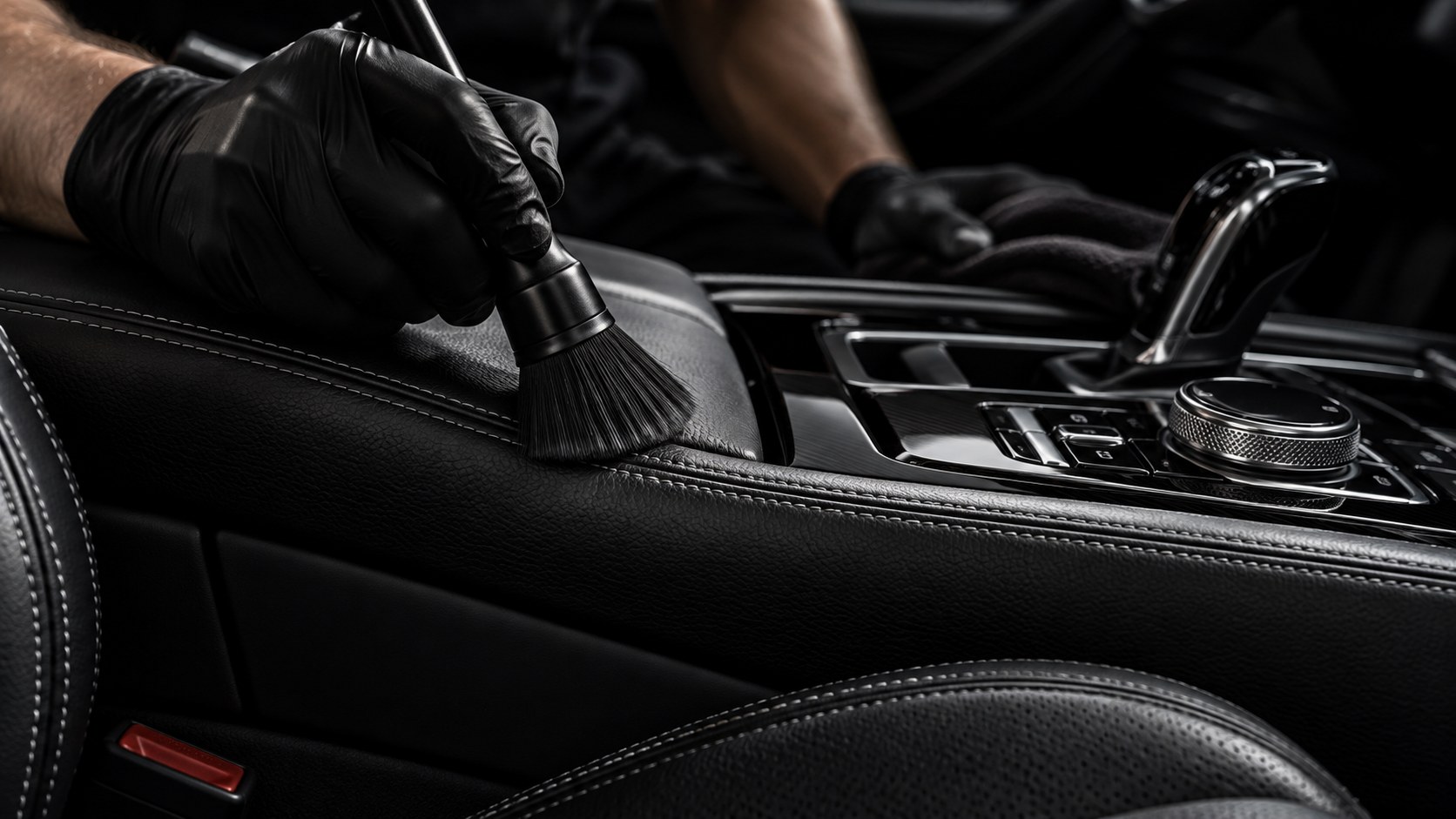 Detail brush cleaning a dark car interior console