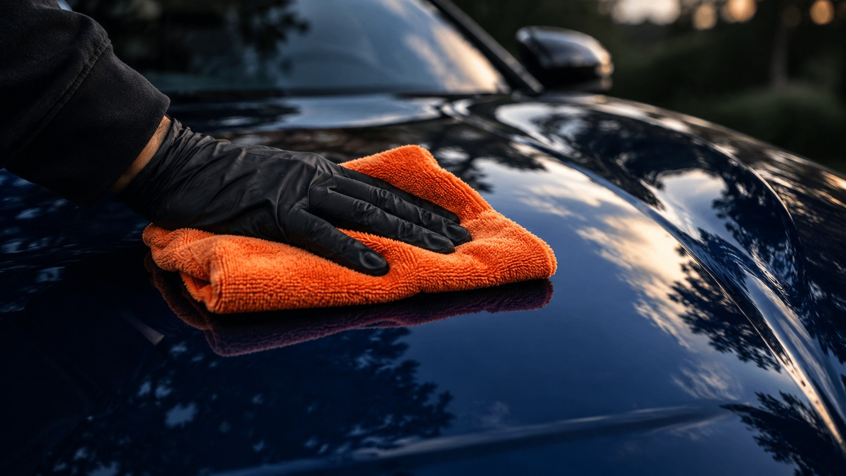 A gloved hand finishing glossy car paint with an orange microfiber cloth