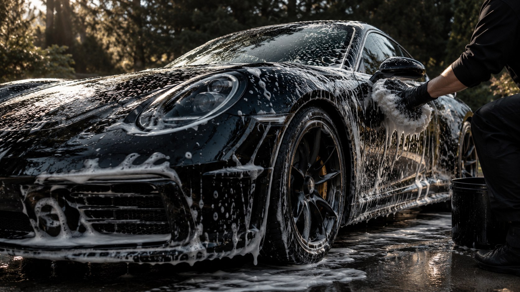 A glossy dark car being carefully washed with thick white foam