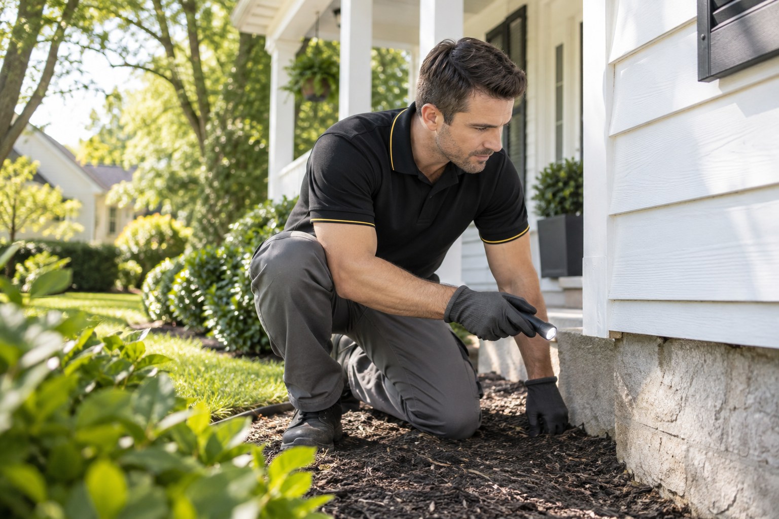 Pest control technician inspecting the exterior of a home