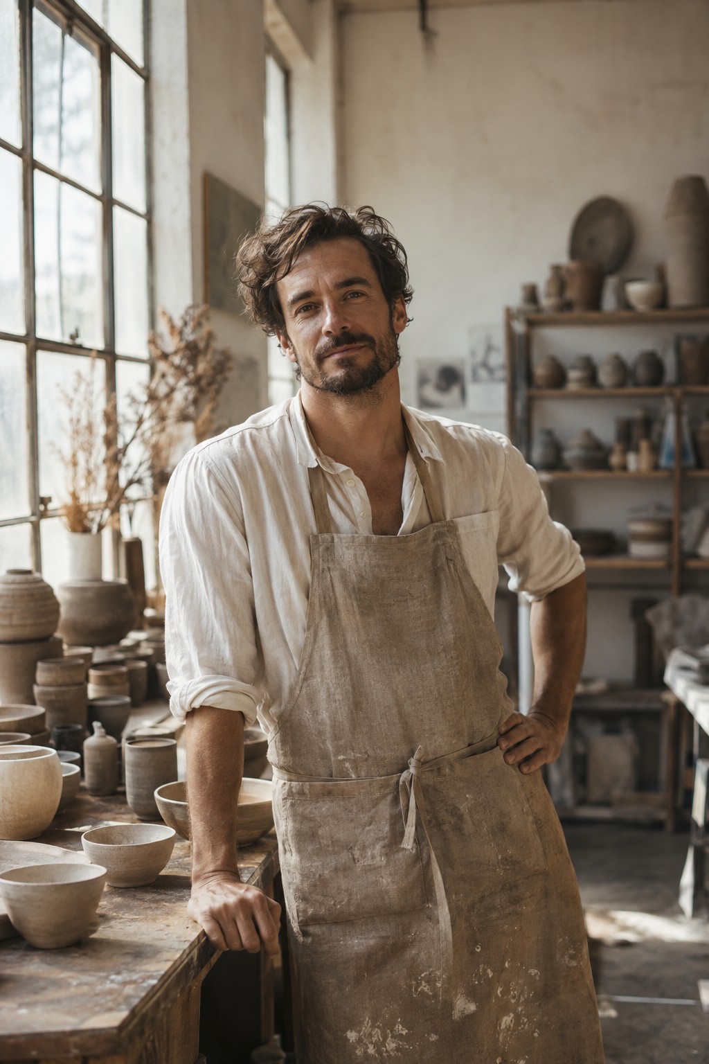 Artist surrounded by ceramics in a light-filled studio