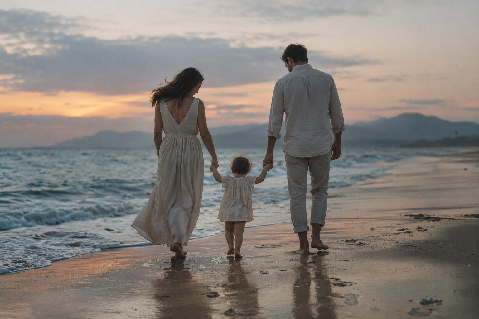 Family walking together along a beach at dusk