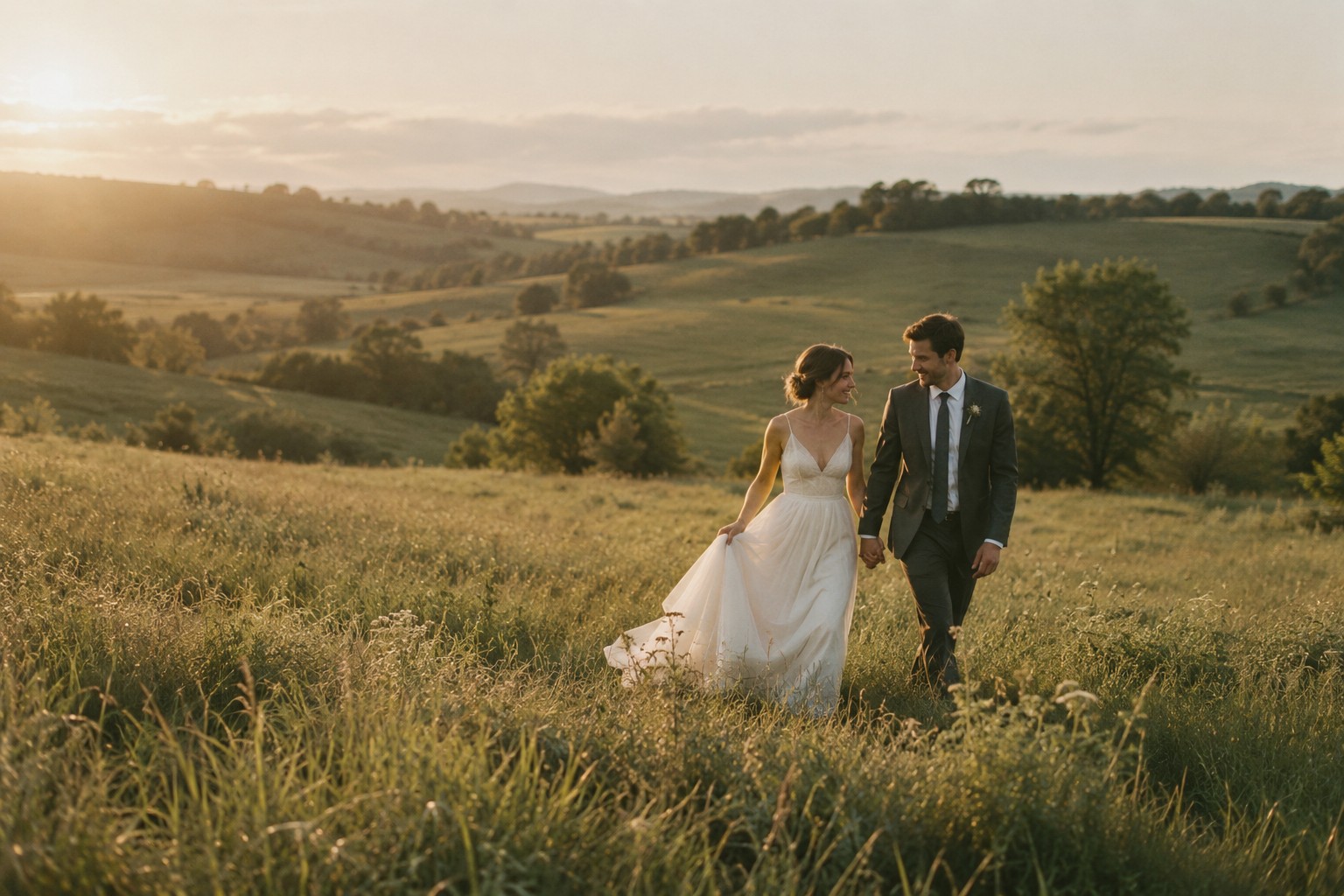 Bride and groom walking together through a sunlit meadow