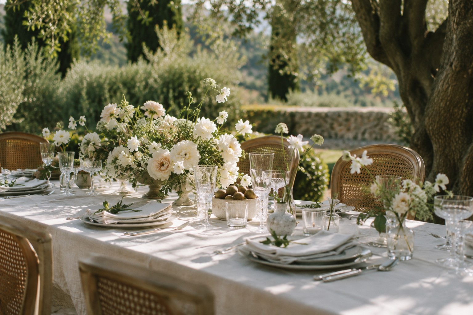 Flowers and linen at a beautifully set garden wedding table