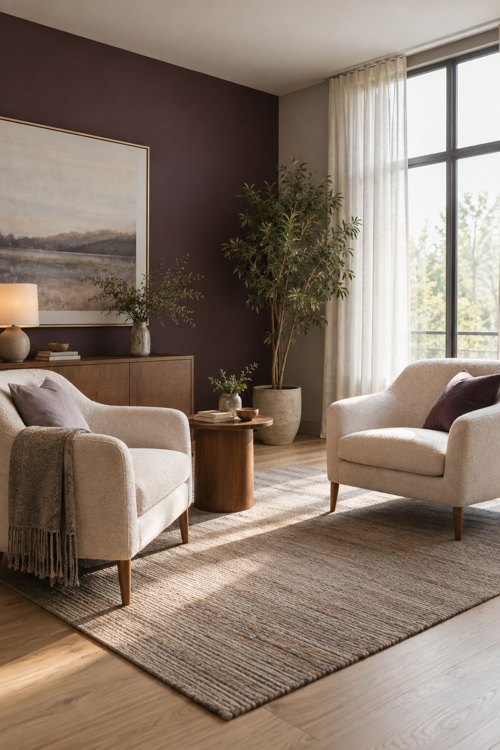 A sunlit therapy room with comfortable chairs and a plum accent wall