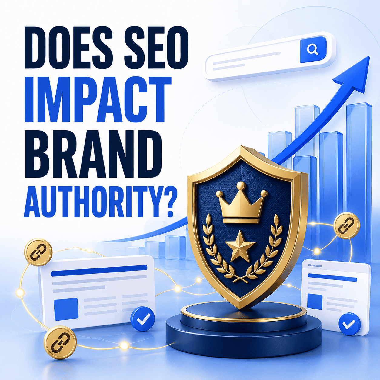 Graphic illustrating SEO's impact on brand authority with a shield and upward arrow.