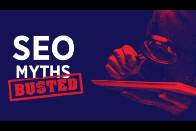 Illustration of debunking SEO myths with magnifying glass and digital device.