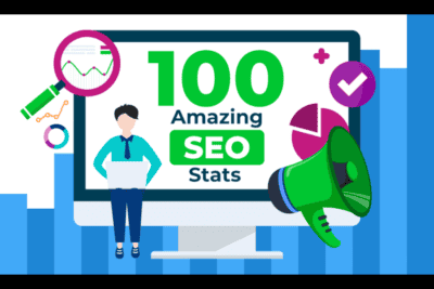Digital marketing SEO stats infographic with charts and megaphone.