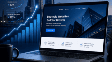Modern laptop displaying a website for Kansas City web design and SEO services, with city skyline ba.