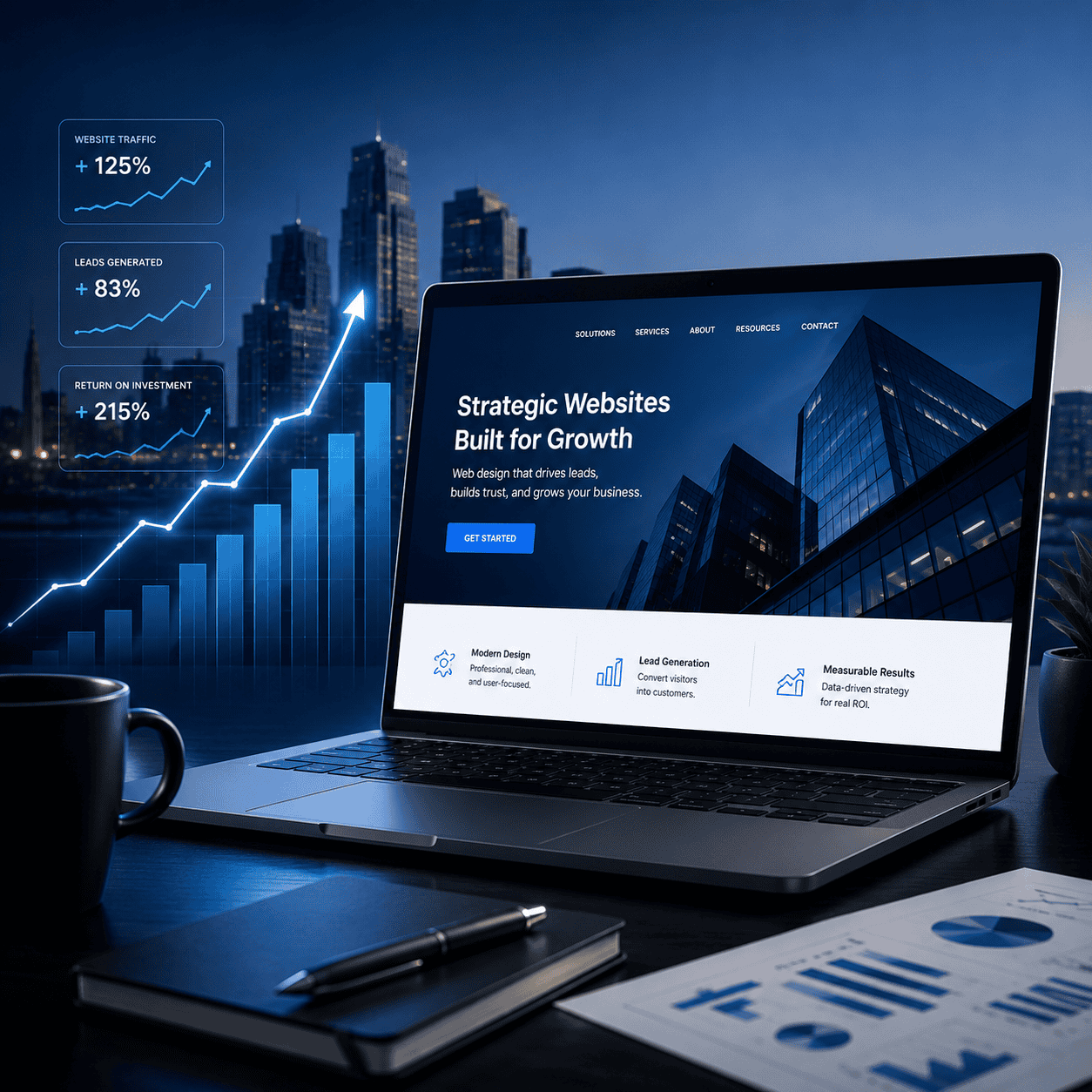 Modern laptop displaying a website for Kansas City web design and SEO services, with city skyline ba.
