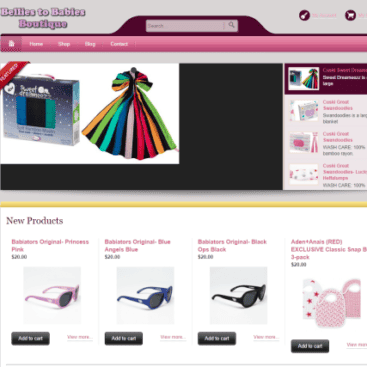 Baby clothing and accessories displayed on a website for Bellies to Babies Boutique.