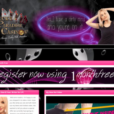 Lucky Paradise Casinos logo with neon lights and casino theme elements.