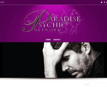Paradise Psychics logo with purple background and elegant text design.