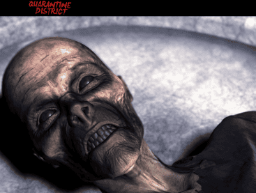 Eerie skeleton in quarantine district setting with dark background.