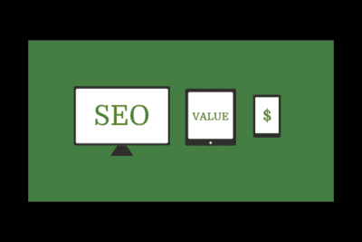 Digital devices showing SEO, value, and profit icons on green background.
