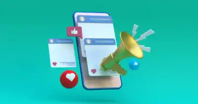 Mobile phones displaying social media posts with a megaphone and engagement icons.