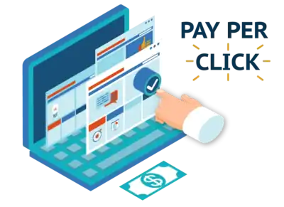 Digital marketing with pay-per-click ads on a laptop screen.