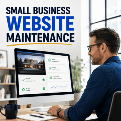 Man working on website maintenance on desktop for small business.