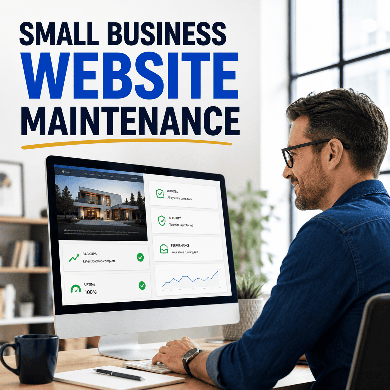 Man working on website maintenance on desktop for small business.