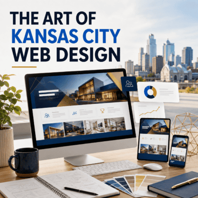 Modern web design displayed on multiple devices with Kansas City skyline.