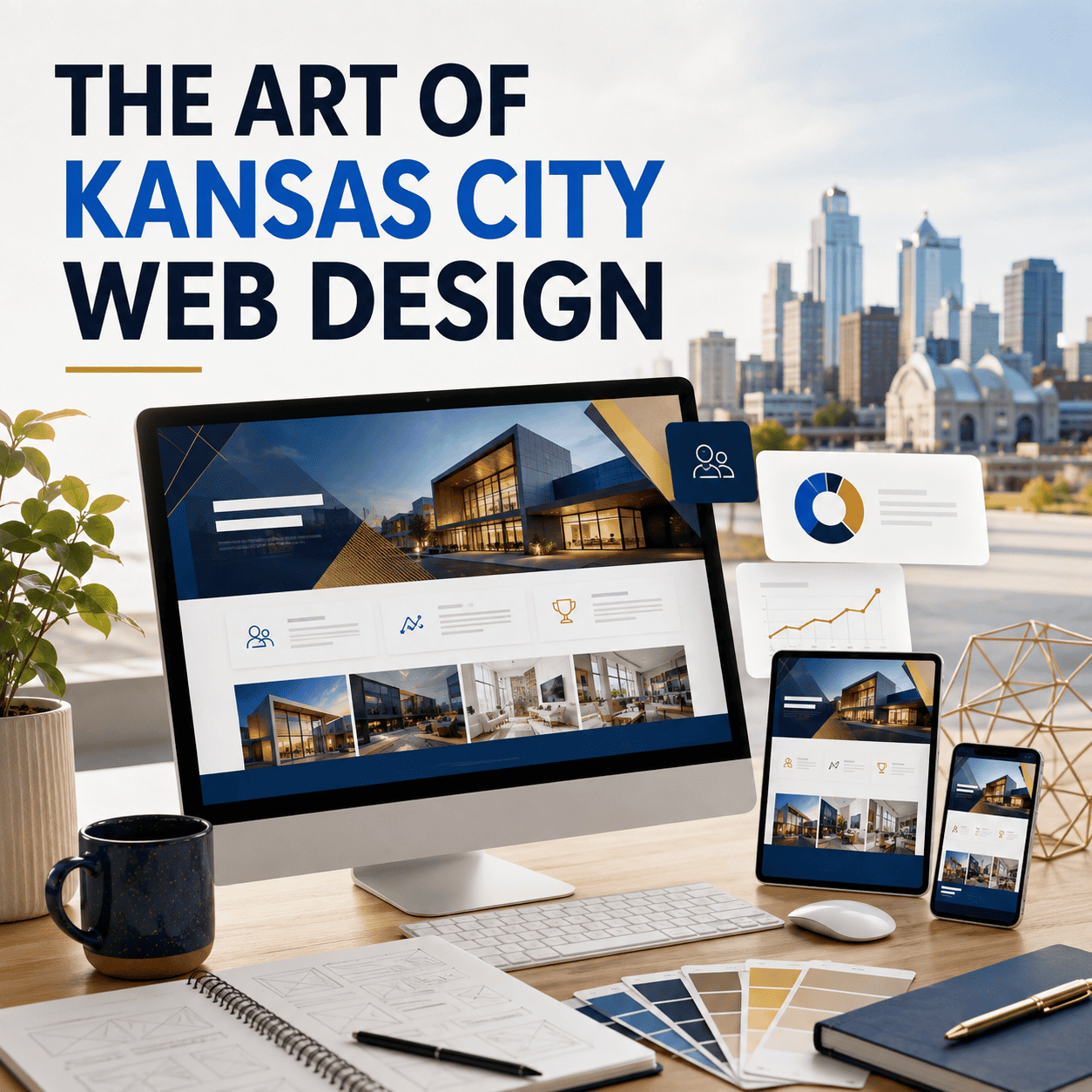 Modern web design displayed on multiple devices with Kansas City skyline.