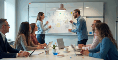 Web Design firm team creating a website in a board room on a white board
