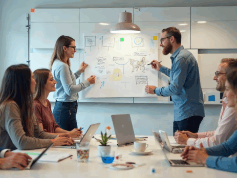 Web Design firm team creating a website in a board room on a white board