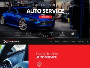 Auto repair shop website design featuring a sleek blue sports car in a professional garage setting.