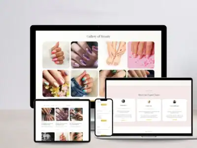 Nail salon website design showcasing colorful manicures and pedicures on multiple devices.