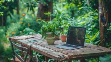 Outdoor garden workspace with laptop and potted plants, showcasing a lush, green environment ideal f.