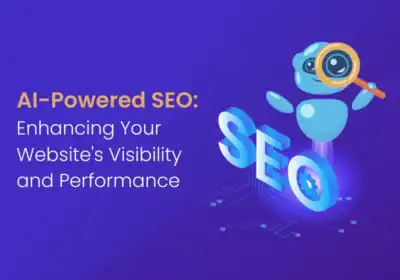 AI-powered SEO illustration with a robot holding a magnifying glass and SEO icons.