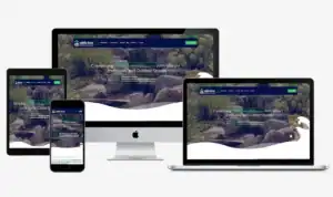 Responsive landscaping website displayed on desktop, tablet, and smartphone screens.