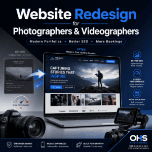Modern website redesign for photographers and videographers showcasing portfolio, SEO, and booking f.