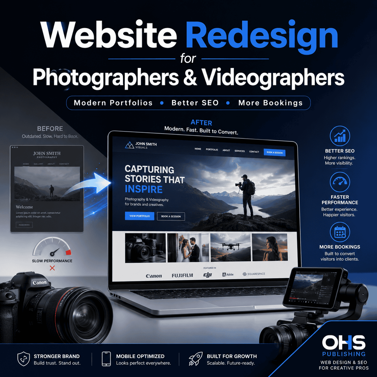 Modern website redesign for photographers and videographers showcasing portfolio, SEO, and booking f.