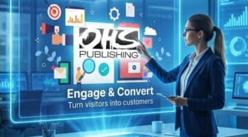 Businesswoman interacting with digital marketing interface in modern office.