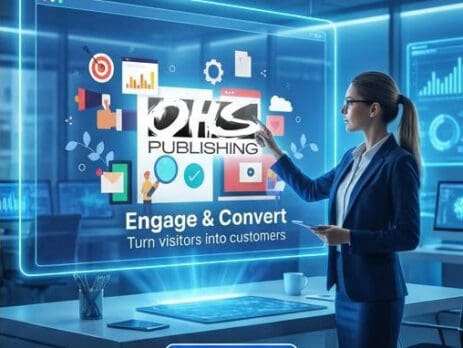 Businesswoman interacting with digital marketing interface in modern office.