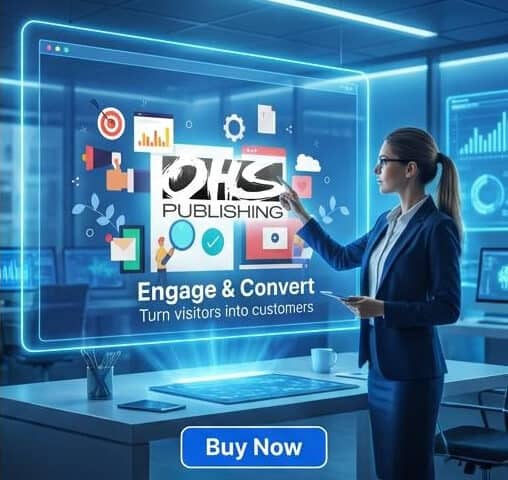 Businesswoman interacting with digital marketing interface in modern office.