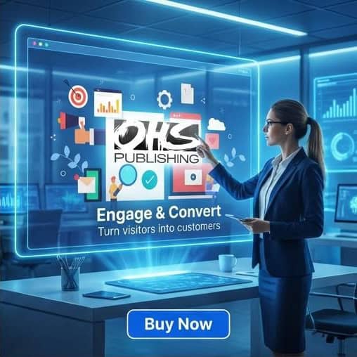 Businesswoman interacting with digital marketing interface in modern office.