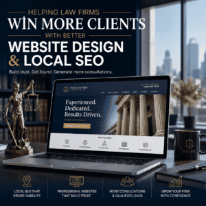 Law firm website on laptop showcasing legal services and local SEO benefits.