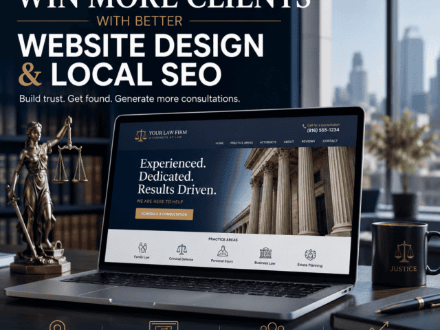 Law firm website on laptop showcasing legal services and local SEO benefits.