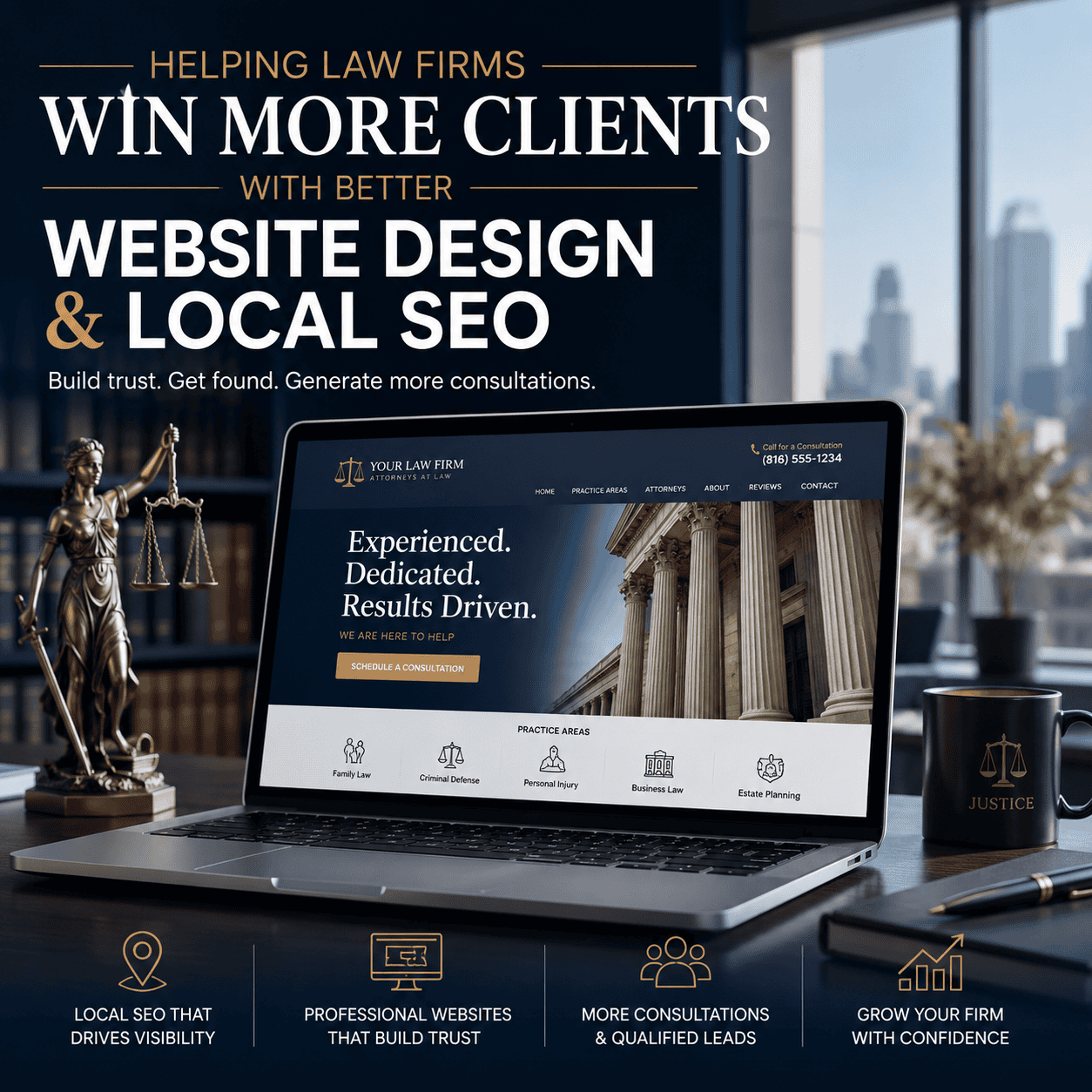Law firm website on laptop showcasing legal services and local SEO benefits.