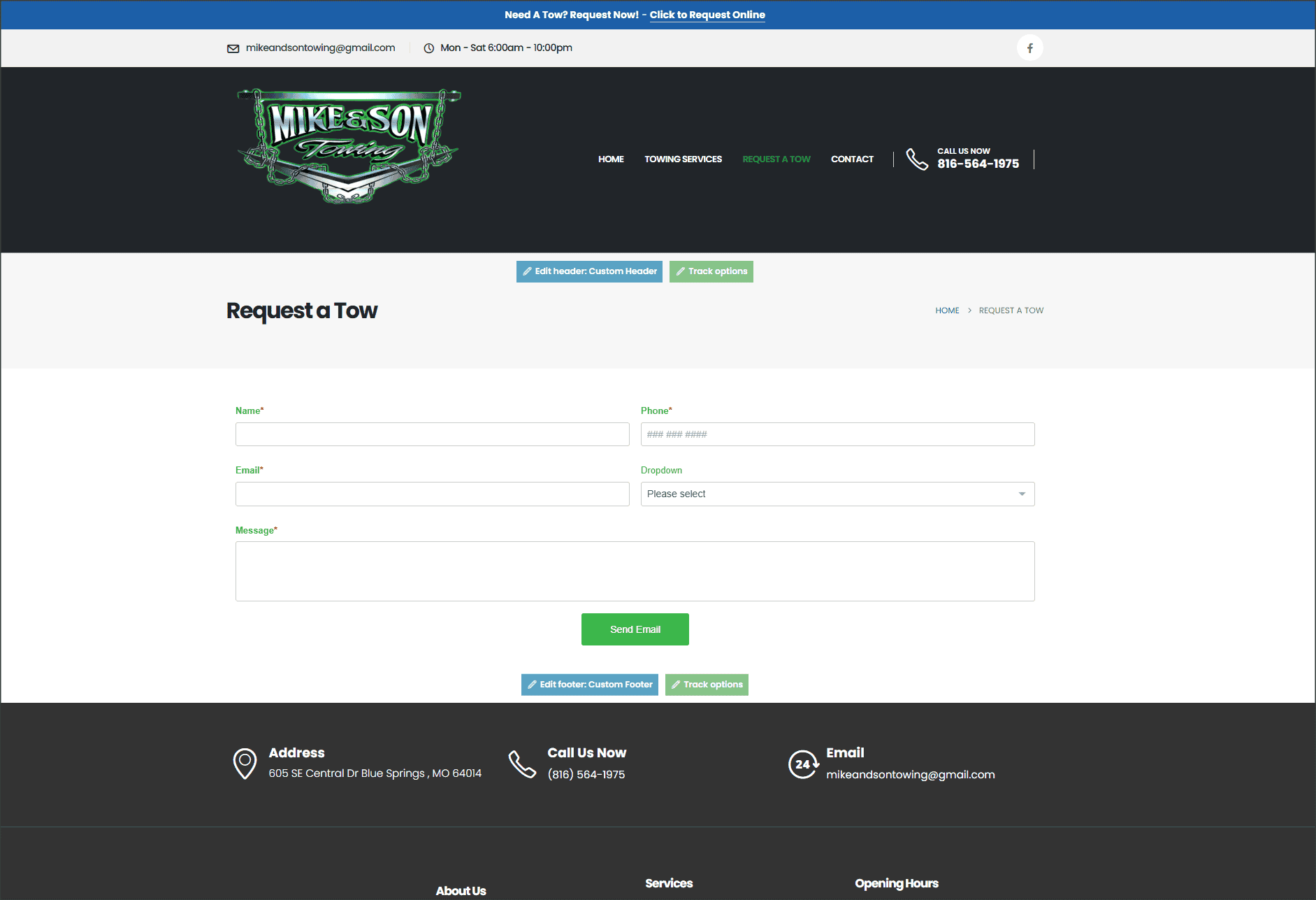 Mike and Son’s Towing contact area website layout