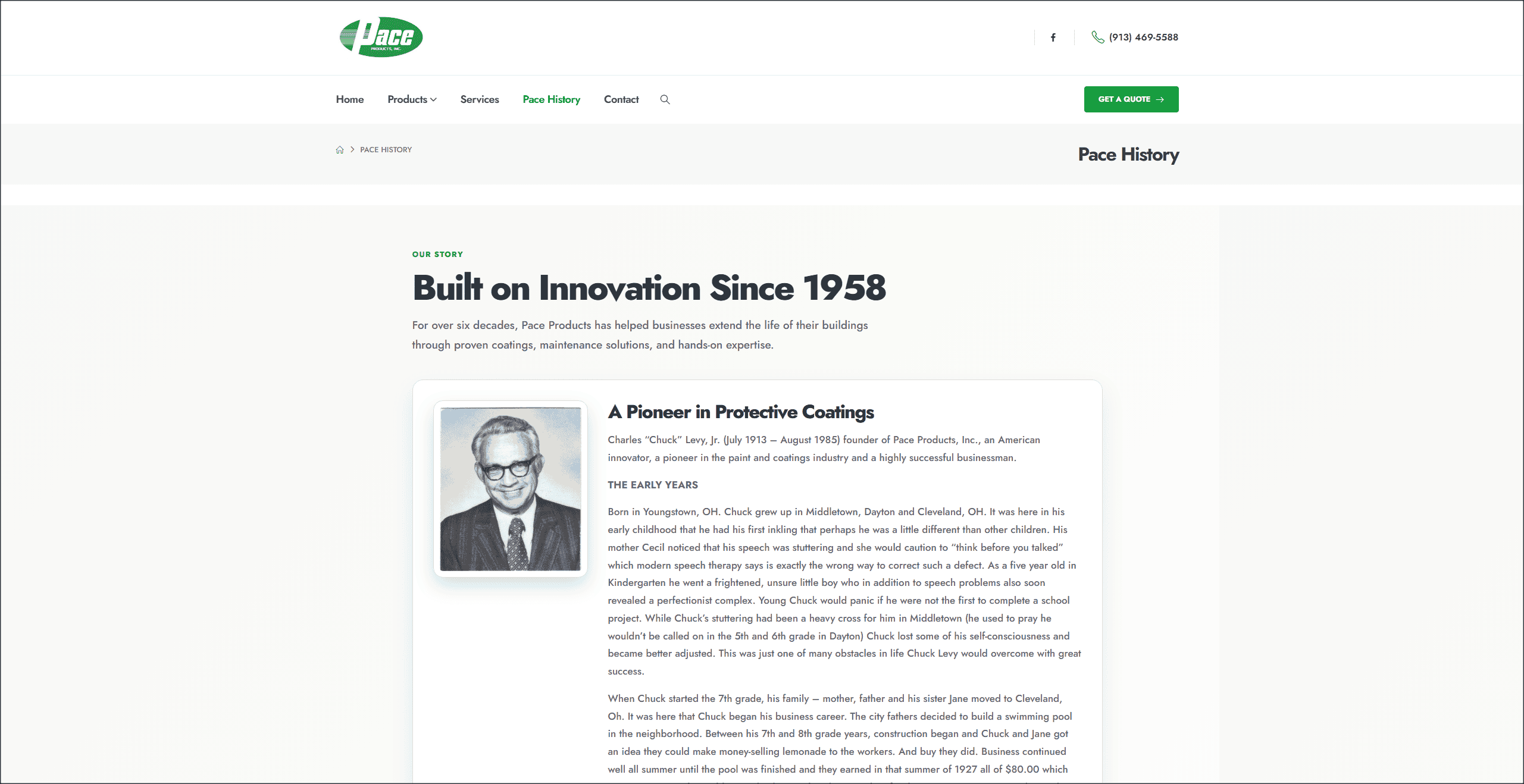 Pace Products product information website layout