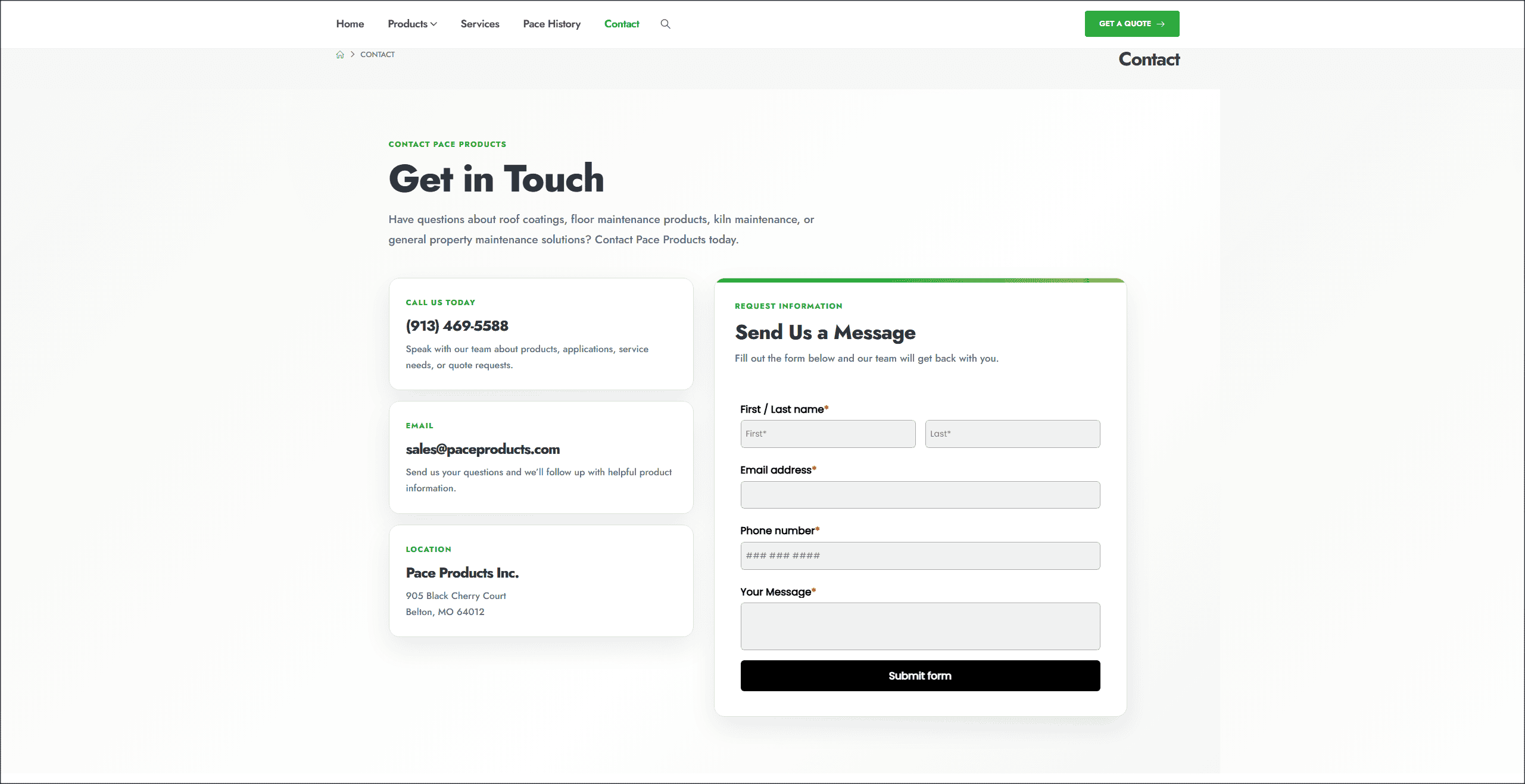 Pace Products inner page website design