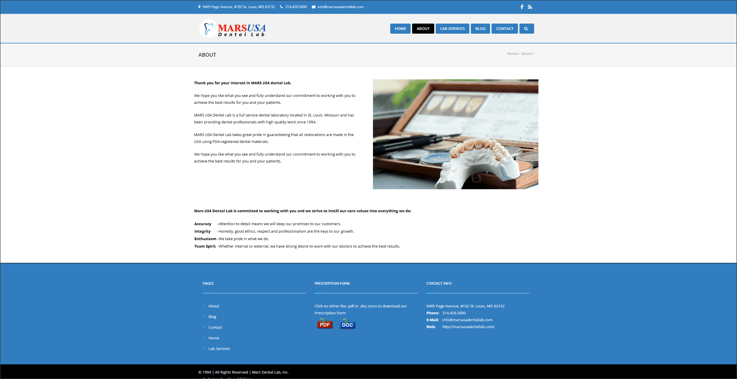 Mars USA Dental Labs service information website layout