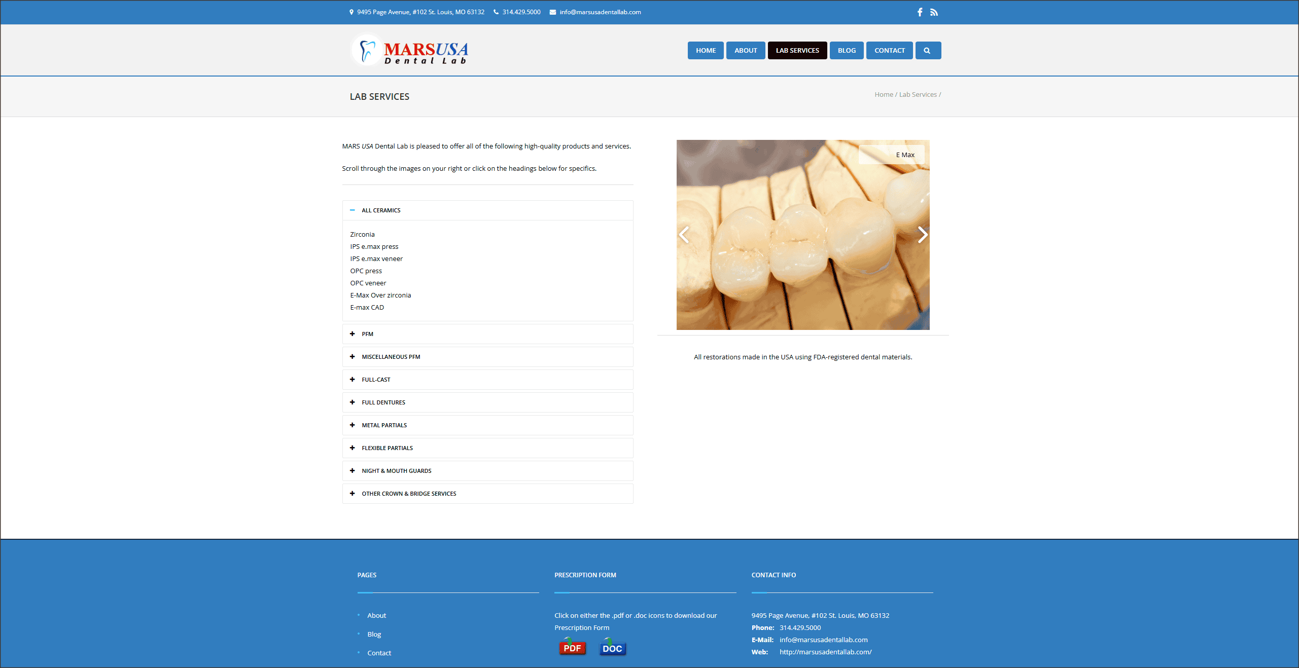 Mars USA Dental Labs inner page website design